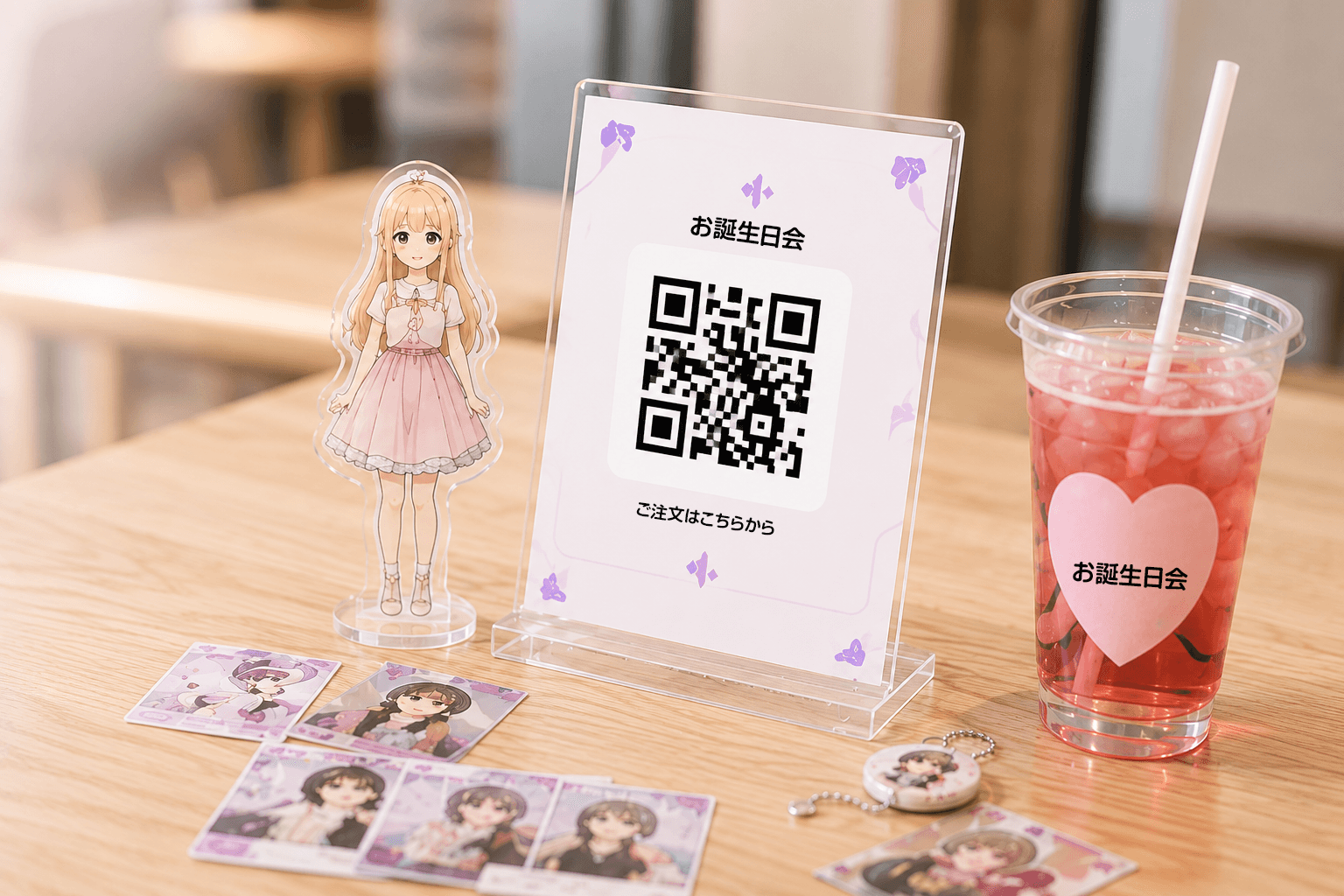 QRスタンド、アクリルスタンド、ドリンク、チェキが並ぶイベント卓